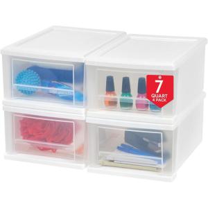imageIRIS USA 27 Qt Plastic Under Bed Storage Stackable Organizer Bin Container with Sliding Organizer Drawers 4Pack MultiPurpose for Clothes Shoes Clothing Bedding White7 Qt  4 Pack