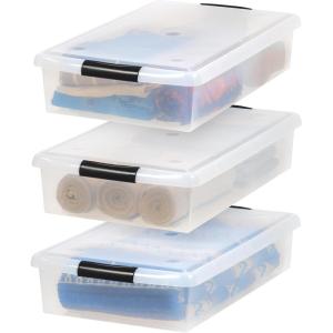 imageIRIS USA 33 Qt Plastic Under Bed Storage Organizer Bin Container with Secure Lids and Durable Black Buckles 3Pack MultiPurpose for Clothes Shoes Clothing Bedding Short Clear40 Qt  3 Pack