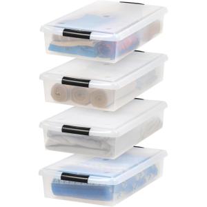 imageIRIS USA 33 Qt Plastic Under Bed Storage Organizer Bin Container with Secure Lids and Durable Black Buckles 3Pack MultiPurpose for Clothes Shoes Clothing Bedding Short Clear40 Qt  4 Pack