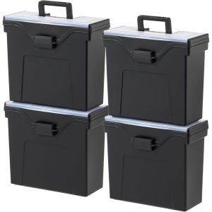 imageIRIS USA File Box WeatherPro Portable File Organizer Plastic File Box for Letter File w OrganizerLid Durable Lid and Gasket Seal Secure Latching Buckles Stackable Lockable Clear 19 Qt 4 PackBlack  4 Pack Slim