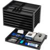 imageIRIS USA 14quot x 10quot Stacking Desktop Organizer Tray with BuiltIn Divider 8 Pack Plastic Storage Container for Stationery Art Craft Supplies Office Desk Drawer and Small Business Organization Black