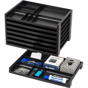 imageIRIS USA 14quot x 10quot Stacking Desktop Organizer Tray with BuiltIn Divider 8 Pack Plastic Storage Container for Stationery Art Craft Supplies Office Desk Drawer and Small Business Organization Black