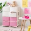 imageIRIS USA Plastic Drawer Storage Organizer 4Drawers for Classroom Art Supplies Dresser Closet Bathroom Dorm Bedroom Laundry Room Slim Narrow White Frame with Matte Blue Front PanelsPink