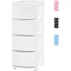 imageIRIS USA Plastic Drawer Storage Organizer 4Drawers for Classroom Art Supplies Dresser Closet Bathroom Dorm Bedroom Laundry Room Slim Narrow White Frame with Matte Blue Front PanelsWhite