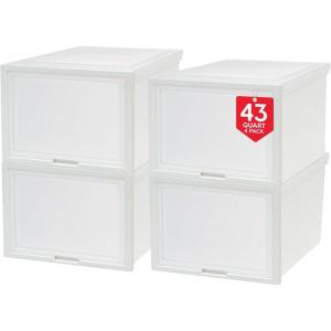 imageIRIS USA 42 Qt Plastic Drawer Storage Organizer Stacking Drawers 4Pack Stackable Unit with FlipUp Door for Clothes Bedroom Kitchen Under Sink Pantry Craft Room Bathroom Dorm Office White