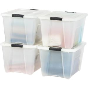imageIRIS USA 27 Qt Stackable Plastic Storage Bins with Lids 6 Pack  BPAFree Made in USA  Discreet Organizing Solution Latches Durable Nestable Containers Secure Pull Handle  Pearl54 Qt  4 Pack