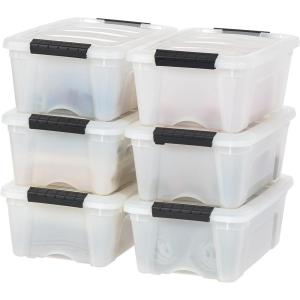 imageIRIS USA 27 Qt Stackable Plastic Storage Bins with Lids 6 Pack  BPAFree Made in USA  Discreet Organizing Solution Latches Durable Nestable Containers Secure Pull Handle  Pearl13 Qt  6 Pack