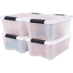 imageIRIS USA 27 Qt Stackable Plastic Storage Bins with Lids 6 Pack  BPAFree Made in USA  Discreet Organizing Solution Latches Durable Nestable Containers Secure Pull Handle  Pearl13 Qt  4 Pack