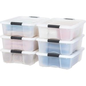 imageIRIS USA 27 Qt Stackable Plastic Storage Bins with Lids 6 Pack  BPAFree Made in USA  Discreet Organizing Solution Latches Durable Nestable Containers Secure Pull Handle  Pearl27 Qt  6 Pack