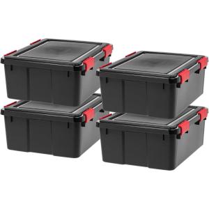 imageIRIS USA WeatherPro 31 Qt Storage Bins with Lids 6 Pack BPAFree Plastic Gasket Box with Tight Latch and Seal Stackable Nestable Tote Tub  BlackRed31 Qt  4 Pack