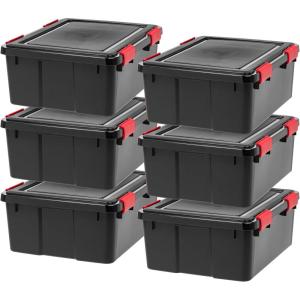 imageIRIS USA WeatherPro 31 Qt Storage Bins with Lids 6 Pack BPAFree Plastic Gasket Box with Tight Latch and Seal Stackable Nestable Tote Tub  BlackRed31 Qt  6 Pack