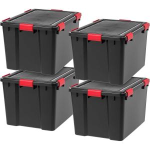 imageIRIS USA WeatherPro 31 Qt Storage Bins with Lids 6 Pack BPAFree Plastic Gasket Box with Tight Latch and Seal Stackable Nestable Tote Tub  BlackRed74 Qt  4 Pack