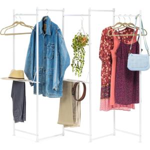 imageIRIS USA 5 Panels Collapsible Clothes Rack with 2 Shelves Customizable Garment Rack Foldable Clothes Drying Rack Locked and Leveled Perfect for any Space Modern and Fashionable White