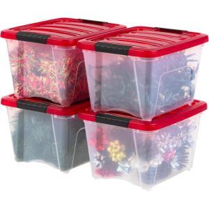 imageIRIS USA 91 Qt Stackable Plastic Storage Bins with Lids 4 Pack  BPAFree SeeThrough Organizing Solution Latches Durable Nestable Containers Secure Pull Handle Made in USA  ClearRedHoliday Red