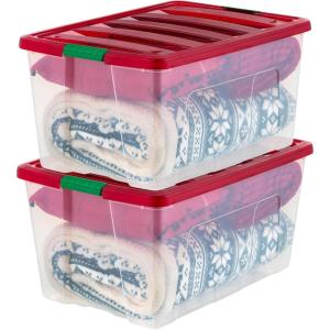 imageIRIS USA 94 Quart Stackable Holiday Plastic Storage Bins with Lids and Latching Buckles 2 Pack Containers with Lids and Latches Durable Nestable Closet Garage Totes Boxes Organizing  ClearRedClearRed