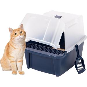 imageIRIS USA Cat Litter Box Litter Box Enclosure with Scoop and Front Door Flap Covered Kitty Litter Box for Privacy Portable Easy to Clean NavySplit Hooded
