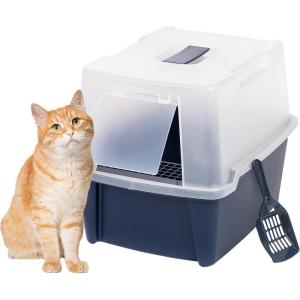 imageIRIS USA Cat Litter Box Litter Box Enclosure with Scoop and Front Door Flap Covered Kitty Litter Box for Privacy Portable Easy to Clean NavyStandard