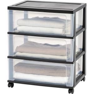 imageIRIS USA Plastic Drawer Storage Organizer Rolling Cart with Wheels Casters 3Drawers for Art Craft Supplies Dresser Closet Bathroom Dorm Bedroom Laundry Room Wide BlackBlack