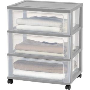 imageIRIS USA Plastic Drawer Storage Organizer Rolling Cart with Wheels Casters 3Drawers for Art Craft Supplies Dresser Closet Bathroom Dorm Bedroom Laundry Room Wide BlackGray