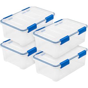 imageIRIS USA WeatherPro 16 Qt Storage Bins with Lids 3 Pack BPAFree Plastic Gasket Box with Tight Latch and Seal Stackable Nestable Tote Tub  ClearBlue16 Qt  4 Pack