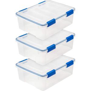 imageIRIS USA WeatherPro 16 Qt Storage Bins with Lids 3 Pack BPAFree Plastic Gasket Box with Tight Latch and Seal Stackable Nestable Tote Tub  ClearBlue27 Qt  3 Pack