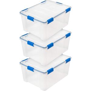 imageIRIS USA WeatherPro 16 Qt Storage Bins with Lids 3 Pack BPAFree Plastic Gasket Box with Tight Latch and Seal Stackable Nestable Tote Tub  ClearBlue60 Qt  3 Pack