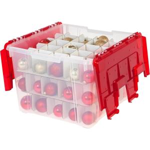 imageOrnament Storage Box with Attached Lid Stores 75 Ornaments per Bin 2Pack Stackable Durable Christmas Storage Organization Container Bin for Holiday Decorations and Accessories ClearRed