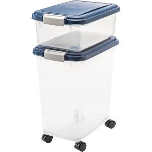 imageIRIS USA 30 lbs ampamp 11 lbs Combo Airtight Dog Food Storage Container Stackable Treat Box Wheels Keep Fresh Easy Mobility NavyClearNavy