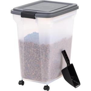 imageIRIS USA Airtight Dog Food Storage Container WeatherPro Up to 40 lbs Removable Wheels for Dog Cat Bird and Other Pet Food Storage Bin Keep Fresh Translucent Body Made in USA SmokeBlackClearDark Gray