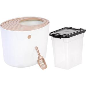 imageIRIS USA Large Round Top Entry Cat Litter Box with Scoop WhiteBeige and 10 Lbs  1275 Qt WeatherPro Airtight Pet Food Storage Container Set Particle Catching Grooved Keep Pests Out Clear Black