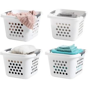 imageIRIS USA Laundry Basket Hamper Bag 4Pack Compact Aesthetic Plastic 30L  1 Bushel Dirty Clothes Sorter Bin Organizer for Blankets Bathroom Dorm Bedroom with Ventilation Holes Carry Handles White