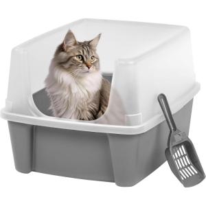 imageIRIS USA Cat Litter Box with High Walls and Handles Made with Flexible Plastic Sage GreenDark Gray