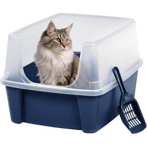 imageIRIS USA Cat Litter Box with High Walls and Handles Made with Flexible Plastic Sage GreenNavy