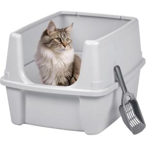 imageIRIS USA Cat Litter Box with High Walls and Handles Made with Flexible Plastic Sage GreenSilver