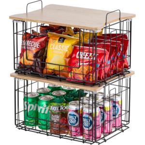 imageIRIS USA 6Cube Modular Wire Cube Storage Organizer Adjustable ampamp Expandable Metal Shelving for Closet Bathroom ampamp Home Storage Stackable Wire Grid 60 lb Capacity BlackBasket With Lid  2 Pack