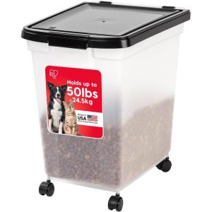 imageIRIS USA Dog Food Storage Container 50 lbs with Removable Rolling Wheels ampamp Included Scoop for Dog Cat Bird and Other Pets Food Storage Bin Keep Fresh Made in USA ClearDark GrayBlack