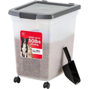 imageIRIS USA Dog Food Storage Container 50 lbs with Removable Rolling Wheels ampamp Included Scoop for Dog Cat Bird and Other Pets Food Storage Bin Keep Fresh Made in USA ClearDark GrayClearDark Gray