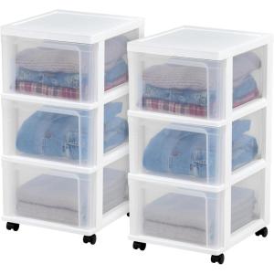 imageIRIS USA Plastic 3Drawer Storage Organizer Rolling Cart with Wheels Casters 2Pack for Classroom Art Supplies Bathroom Dorm Bedroom Laundry Room Slim Narrow WhiteClearWhite