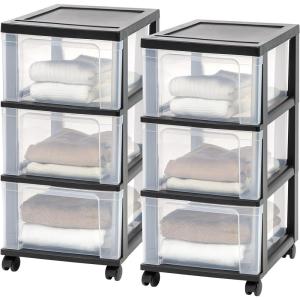 imageIRIS USA Plastic 3Drawer Storage Organizer Rolling Cart with Wheels Casters 2Pack for Classroom Art Supplies Bathroom Dorm Bedroom Laundry Room Slim Narrow WhiteClearBlack