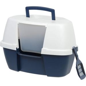 imageIRIS USA Corner Cat Litter Box Enclosed with Scoop  Privacy and Easy Access for Cleaning Odor Defensive Hooded Litter Tray Sturdy Stain Resisting Plastic Fits in Most Corners GrayNavy