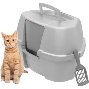 imageIRIS USA Corner Cat Litter Box Enclosed with Scoop  Privacy and Easy Access for Cleaning Odor Defensive Hooded Litter Tray Sturdy Stain Resisting Plastic Fits in Most Corners GrayGray