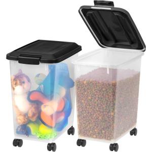 imageIRIS USA Dog Food Storage Container 2 Pack Up to 30 lbs Each Airtight Seal for Freshness Wheels for Rolling Easy One Hand Opening Made in USA BPA Free ClearBlack30 lbs  2 Pack