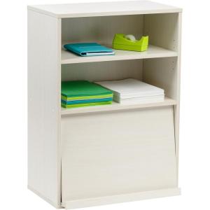 imageIRIS USA Inc 2Tier Wooden Shelf with Pocket Doors Stylish Stackable Shelving Unit with 2 Retractable Flap Doors for Additional Photo Record Picture Storage Off WhiteOff White
