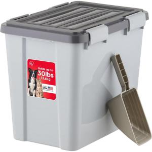 imageIRIS USA Stackable Dog Food Storage Container with 2 Cup Scoop 4 Secure Latches Fits up to 30 lbs Pet Dry Food Bin Gasket Seal Lid BPA Free Stackable Easy Measure WhiteGrayDark Gray