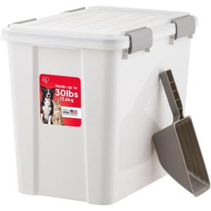 imageIRIS USA Stackable Dog Food Storage Container with 2 Cup Scoop 4 Secure Latches Fits up to 30 lbs Pet Dry Food Bin Gasket Seal Lid BPA Free Stackable Easy Measure WhiteWhiteGray