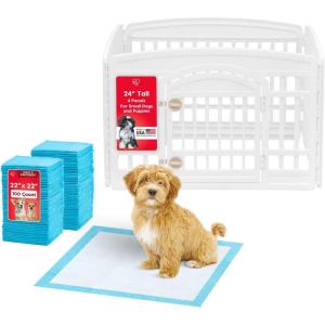 imageIRIS USA 24quot 4Panel Dog Playpen with Door 35 x 35 x 24 Puppy Playpen Dog Play Pen Indoors  Pee Pads for Dogs  Puppy Essentials Quick Dry Leak Proof 22quot x 22quot BlackWhite  Pee Pads