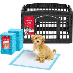imageIRIS USA 24quot 4Panel Dog Playpen with Door 35 x 35 x 24 Puppy Playpen Dog Play Pen Indoors  Pee Pads for Dogs  Puppy Essentials Quick Dry Leak Proof 22quot x 22quot BlackBlack  Pee Pads