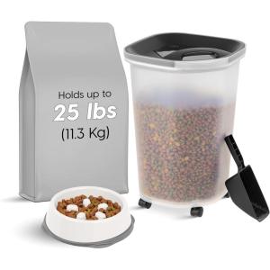 imageIRIS USA 30 lbs ampamp 11 lbs Airtight Dog Food Storage Container Combo with Scoop ampamp 2 Cups Slow Feeder Dog Bowls Attachable Casters For Dog Cat Bird and Other Pet Food ClearBlackGrayClearBlack