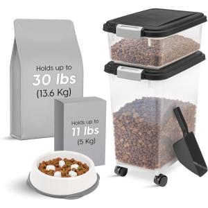 imageIRIS USA 30 lbs ampamp 11 lbs Airtight Dog Food Storage Container Combo with Scoop ampamp 2 Cups Slow Feeder Dog Bowls Attachable Casters For Dog Cat Bird and Other Pet Food ClearBlackGrayBlack