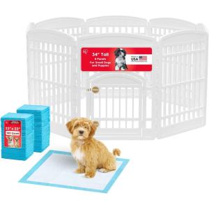imageIRIS USA 34quot 8Panel Dog Playpen with Door 63 x 63 x 35 Puppy Playpen Dog Play Pen Indoors  Pee Pads for Dogs  Puppy Essentials Quick Dry Leak Proof 22quot x 22quot White